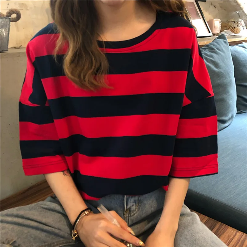 

3 colors2019 summer korean style stripe short sleeve t shirts womens tee shirt femme women tops cropped (xm8655)