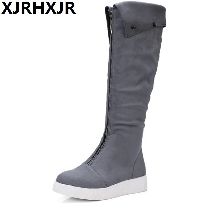 

Brand Punk Rock Riding Boots Women Shoes Zip Flat Platform Knee High Boots 2019 Slim Shoes Woman Boots Black Gray Big Size 43