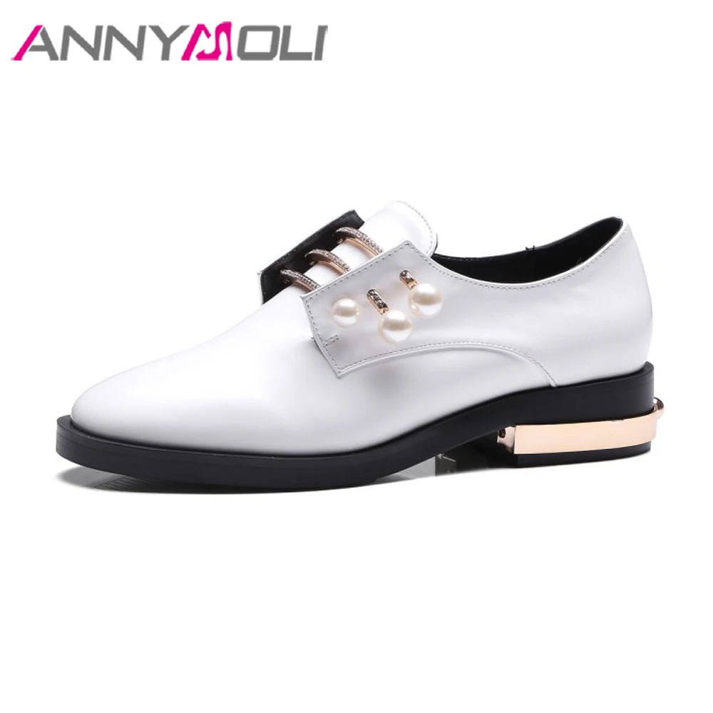 

ANNYMOLI Design Women Derby Shoes Pearls Flats Round Toe Lace Up Casual Shoes Spring Creepers Retro Flat Footwear Black White
