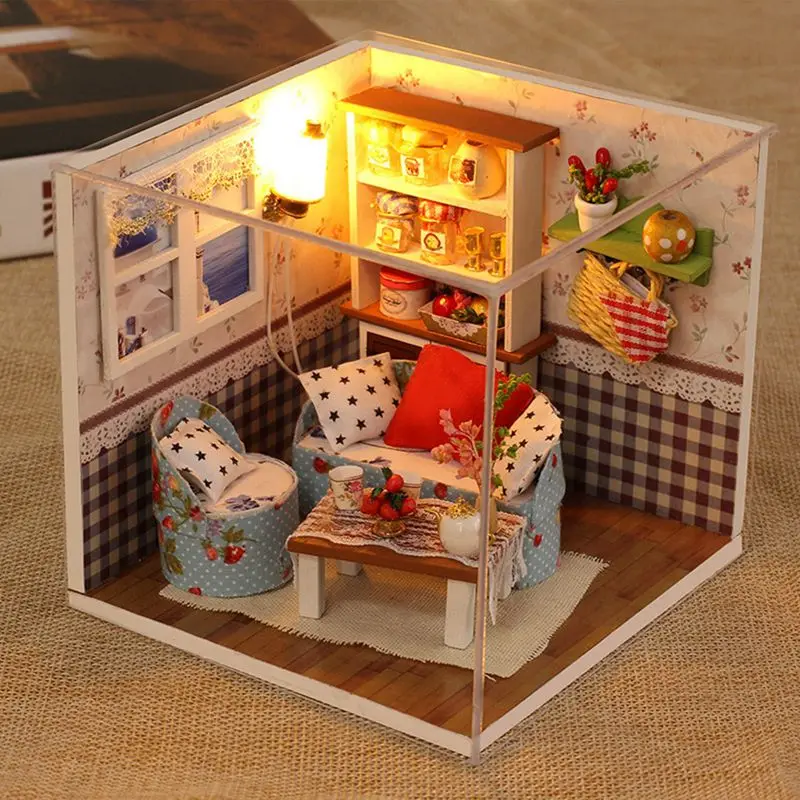 DIY кукольный домик ручной работы деревянный миниатюрный дом мини мебель головоломка собрать игрушечный комплект украшений 3D деревянные игрушки для детей Подарки - Цвет: 11.5x11.5x12cm