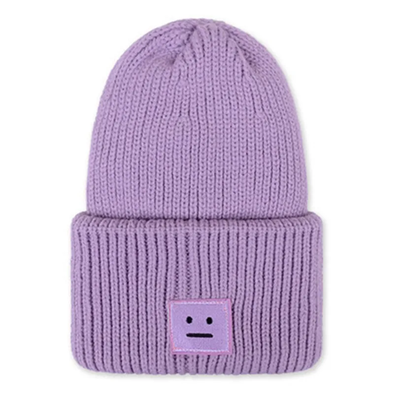 Purple Женская Бейсболка со смайликом, шапки бини, вязаная шапка, шапка Skullies, женская теплая ветрозащитная теплая шапка - Цвет: Purple