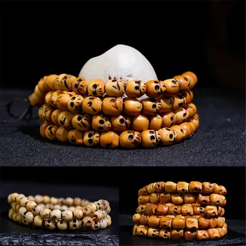 

Natural Tibetan Cattle Bone Hand Carved Skull 108 Beads Mala Skeleton Bracelet Men or Women Buddhist Prayer Bracelet Dropship
