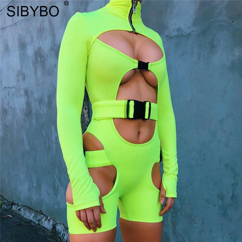 

Sibybo Hollow Out Belt Skinny Sexy Playsuit Women Long Sleeve Turtleneck Autumn Playsuits and Jumpsuits Casual Women Rompers
