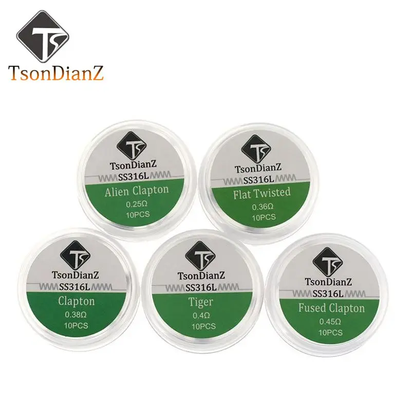 

TsonDianZ 10pcs SS316L DIY Prebuilt Coil E-Cigarette Heating Wire Alien Tiger Fused Clapton Flat Twisted Coil For RDA Atomizer