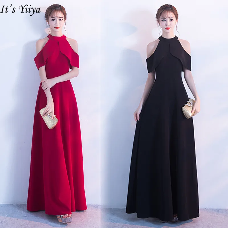 

It's Yiiya Short sleeve Evening dress Elegant Nightclub style floor length Halter Dress Zipper back women A-line Prom dress C055