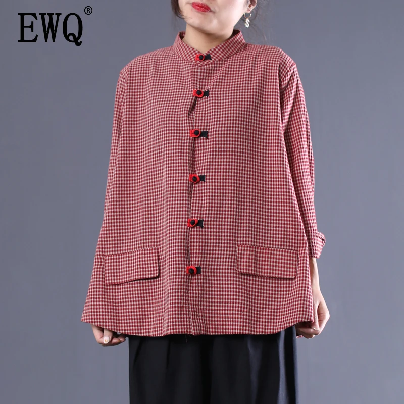 

[EWQ] 2019 Spring Clothes New Pattern Stand Collar Long Sleeve Windmill Buckle Grille A Edition Long Sleeve Shirt Blouse AD658