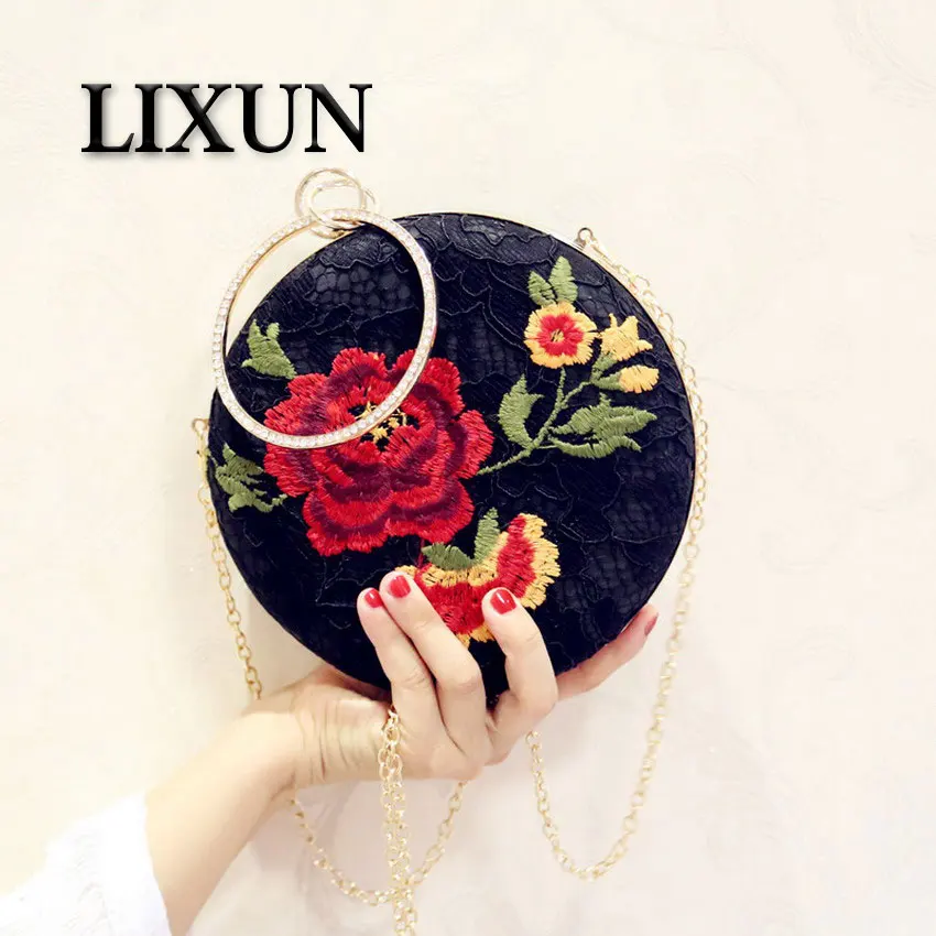 

LIXUN Embroidery Flower Women Silk Floral Evening Clutches Bags Diamonds Ring Handle Party Minaudiere Handbags Purse Wedding Bag