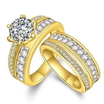 

New Arrival 1 Carat Yellow Gold Color Finger Ring Set for Women/Men with Micro Crystal 2 Rings Jewelry
