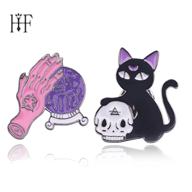 

2Pcs/Lot Cat brooch badges Bad witch pin Crystal ball witch hands black cat skull head pins hijab pins For Women Accessories