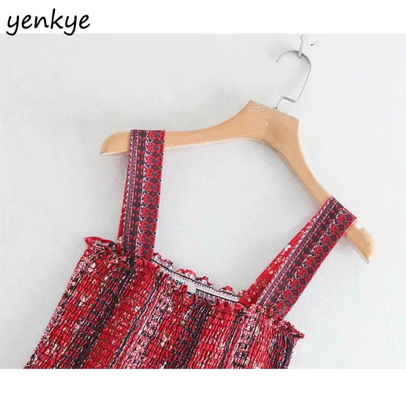 Sexy Spaghetti Straps Ethnic Print Women Dress Lady Backless Sleeveless Smocked Square Neck A-line Long Maxi Dress Summer Dress
