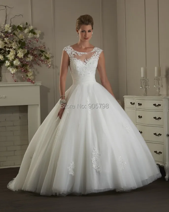 Modern Illusion Bateau Neckline Short Cap Sleeve Ball Gown Lace Modern Illusion Bateau Neckline Short Cap Sleeve Ball Gown Lace Wedding Dress Bridal