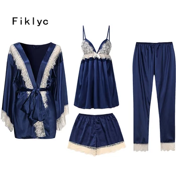 

Fiklyc brand women's pajamas sets bathrobe + tops + short pants + long pants four pieces sexy lace splicing satin pyjamas sets