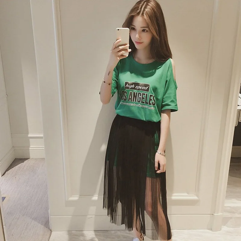 

2019 Summer Gauze Skirt Suits Women New Number Printing Round Neck T-shirt Black Mesh Skirts Set Cold Shoulder Two Piece Sets