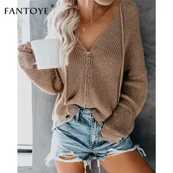 Fantoye Женский Повседневный свитер на молнии пуловер 2019 новый с капюшоном однотонный свободный свитер кардиган для женщин трикотажная