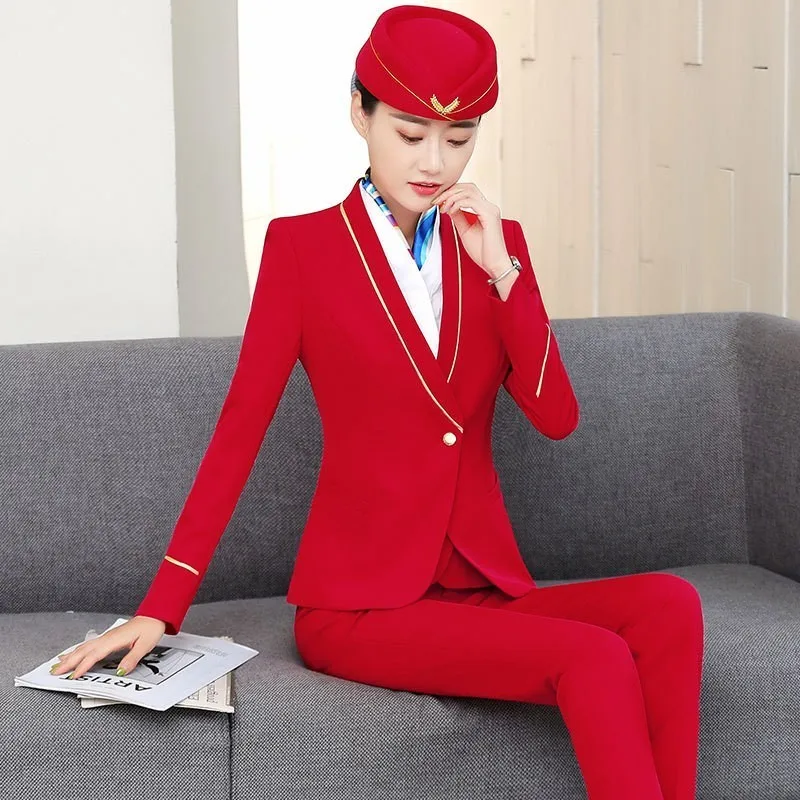

Formal Women Business Suits Ladies Office Work Wear Professional OL Styles Beauty Salon Work Wear Blazers Set Novelty Red