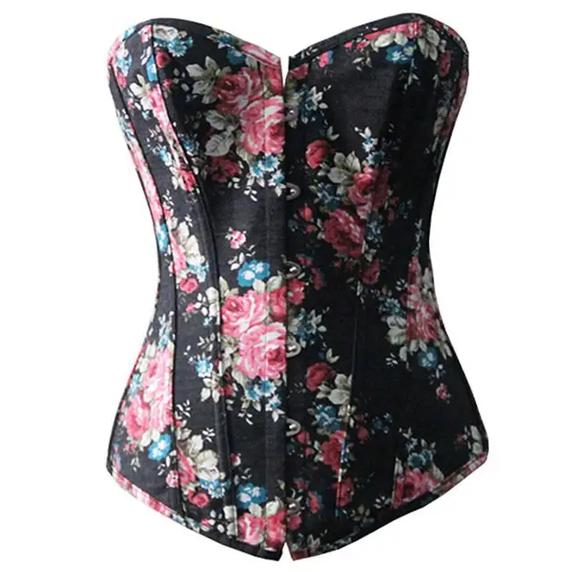 Floral Pattern Fantasy Burlesque Denim Corset with Strapless Overbust