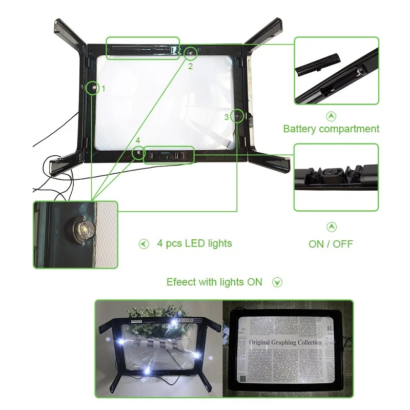 3X хэндс-фри A4 Размеры рабочего Настольная Лупа увеличительное стекло с подсветкой с Светодиодная лампа для освещения Цепочки и ожерелья для пожилых людей с плохим зрением