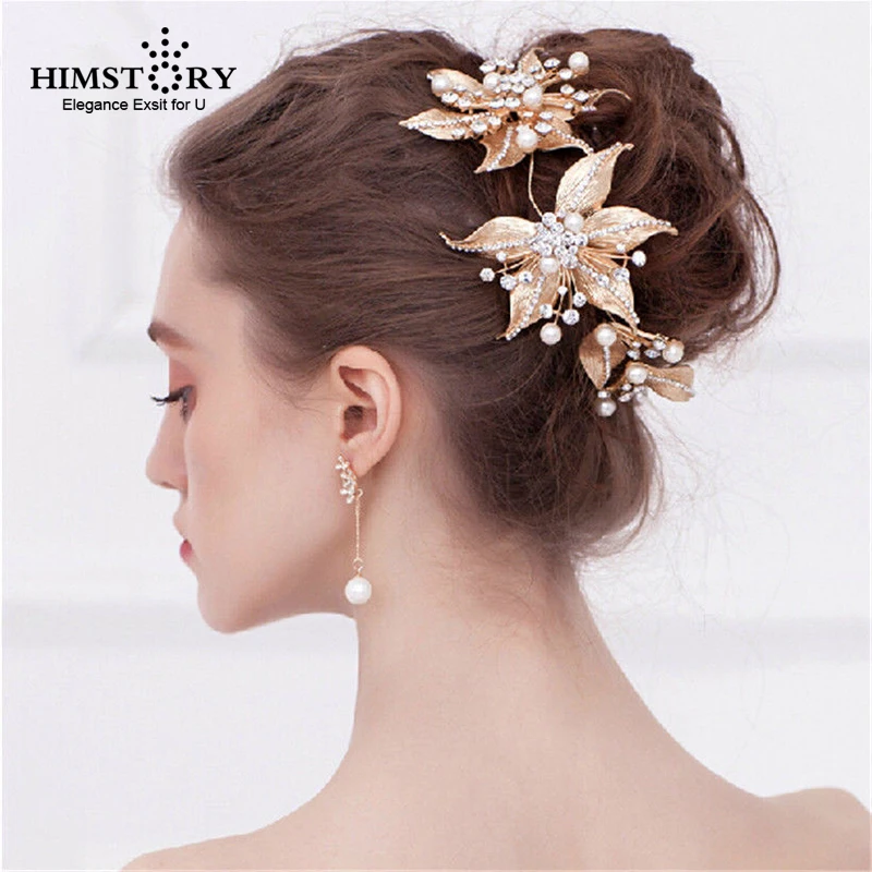 Himstory Handmade Gold Pearl Hairwear Tiaras Crown Flower Vine Branch Bridal Hair Ornaments Wedding Hair Jewelry Accessories
