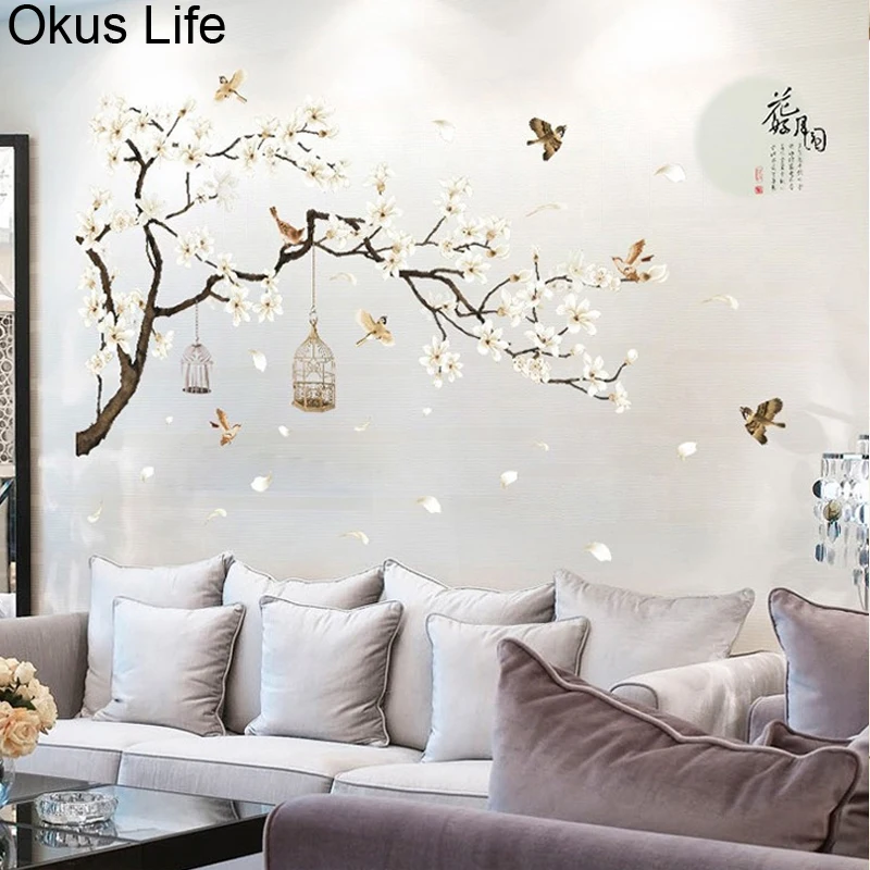 

New Classic Chinese Style Stickers Home Decoration Plum Tree Plants Flower Bird Cage Bedroom Background Decorative Wall Stickers