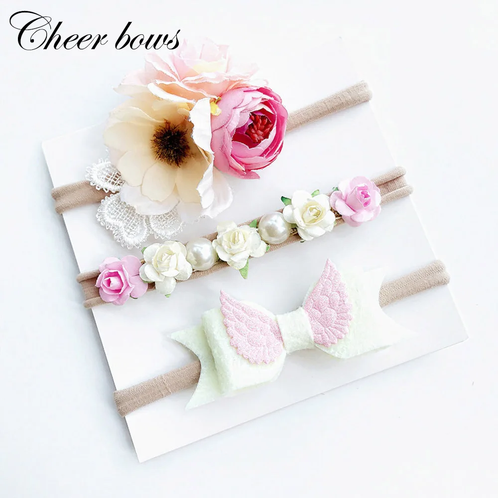 

3 Pcs/Set Girls Lace Flower Nylon Headbands For Children Kids Boutique Leather Bow Hairbands Handmade Hewear Hair Accessories