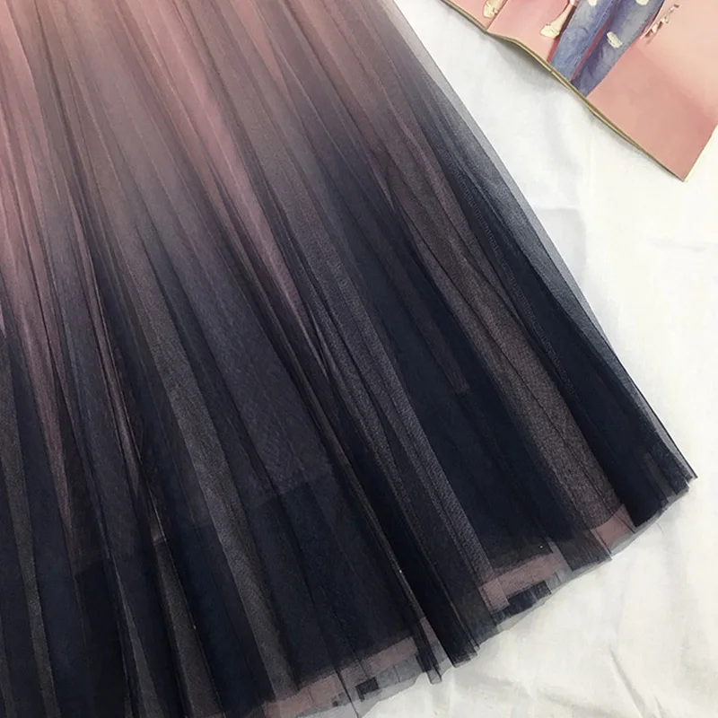 Beste Ohryiyie Vrouwen Gradiëntkleur Tule Rok Vrouwen 2020 Zomer Casual Patchwork Geplooide Rokken Vrouwelijke Elegante Hoge Taille Lange Rok
