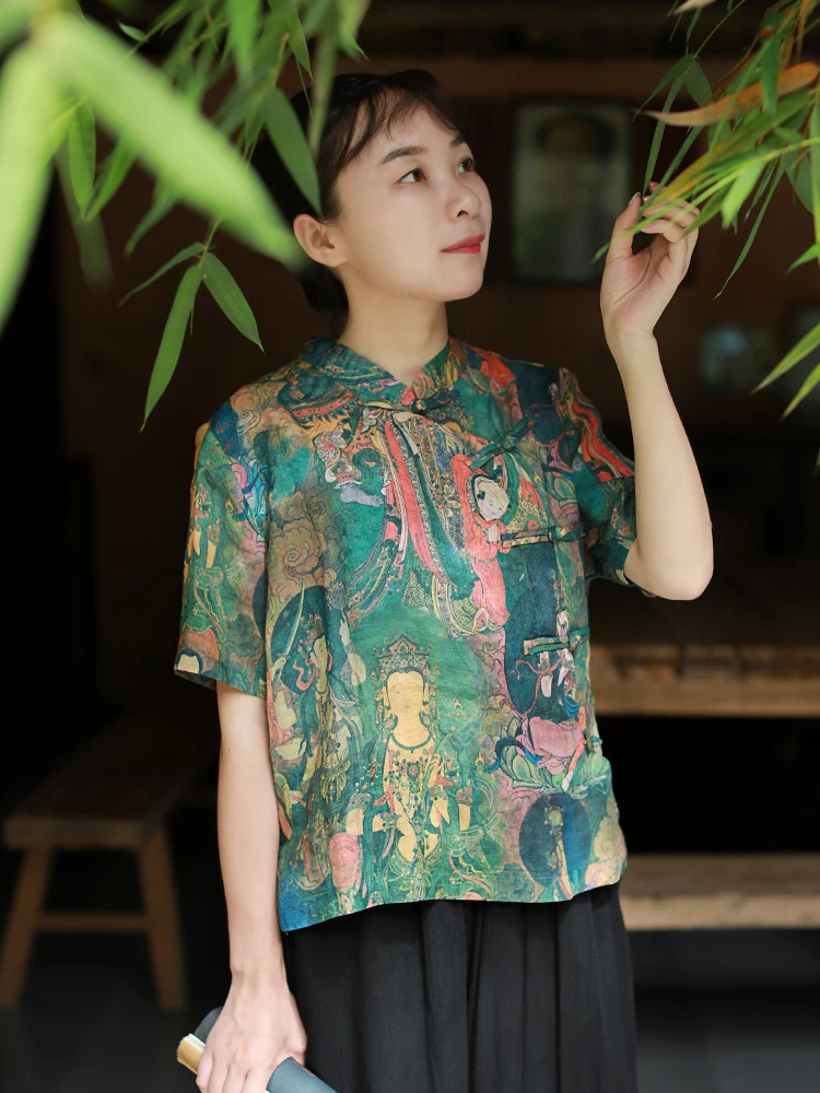 LZJN Summer Blouses Women 2019 Short Sleeve Chinese Style Women Shirts Short Buddha Printed Cheongsam Zen Tops (4)
