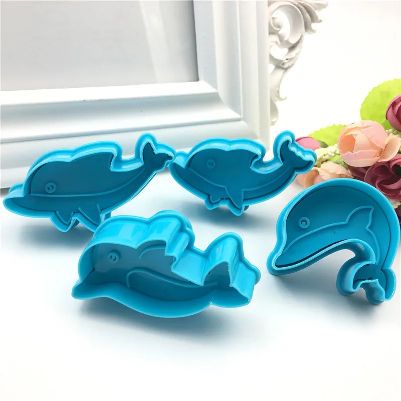 

4 pcs/set Animal Dolphin Plastic Cookie Mold Plunger Cutter Stamp Fondant Embosser Die 3D Biscuit Cake Molds