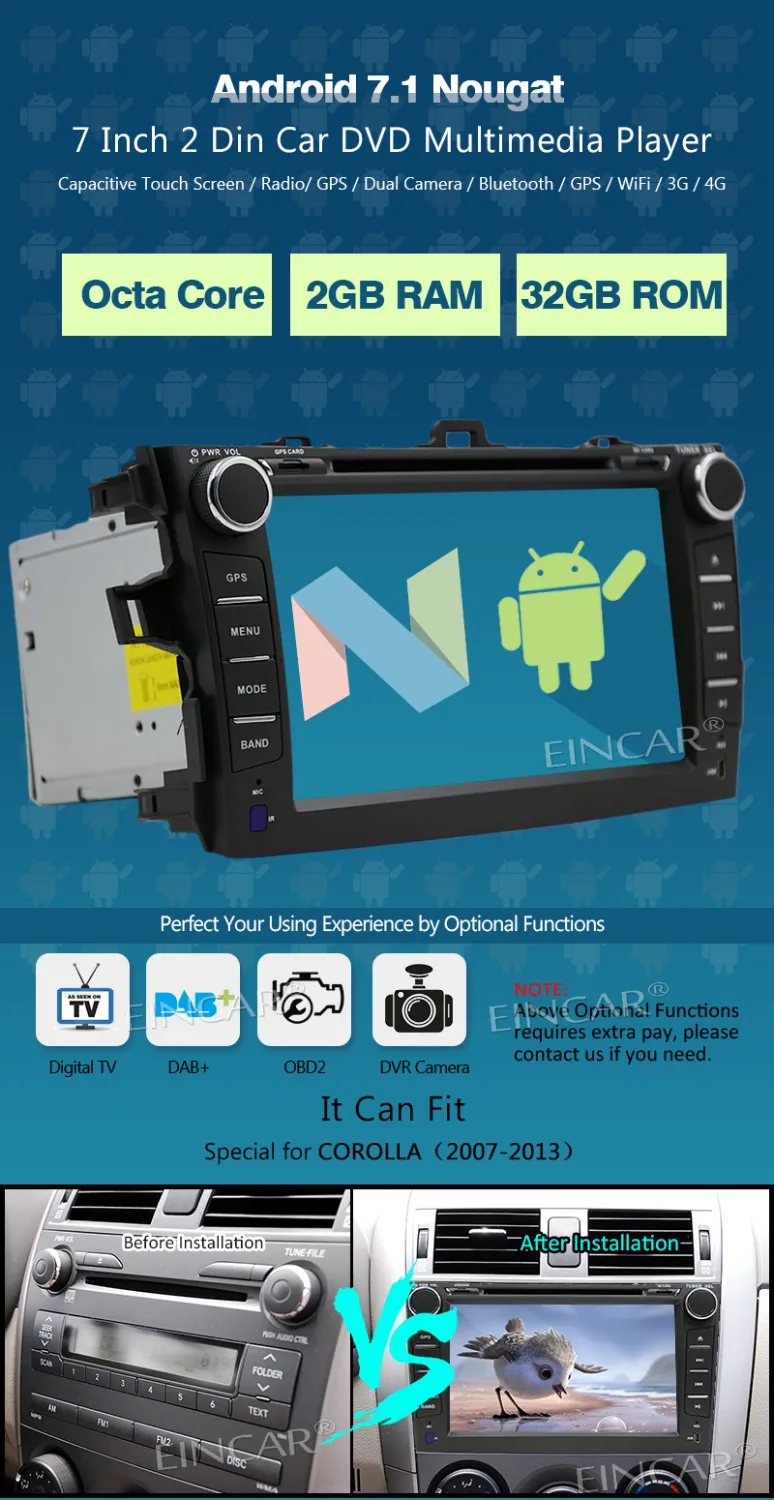 Top EinCar Octa Core Car Stereo GPS car DVD Player for Corolla Head Unit Double 2Din 7