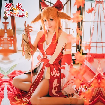 

Anime Fox Demon TuShan Honghong Matchmaker Red Kimono Cosplay Costume+Bracer+Headwear+Ear S-3XL Women Halloween Free Shipping