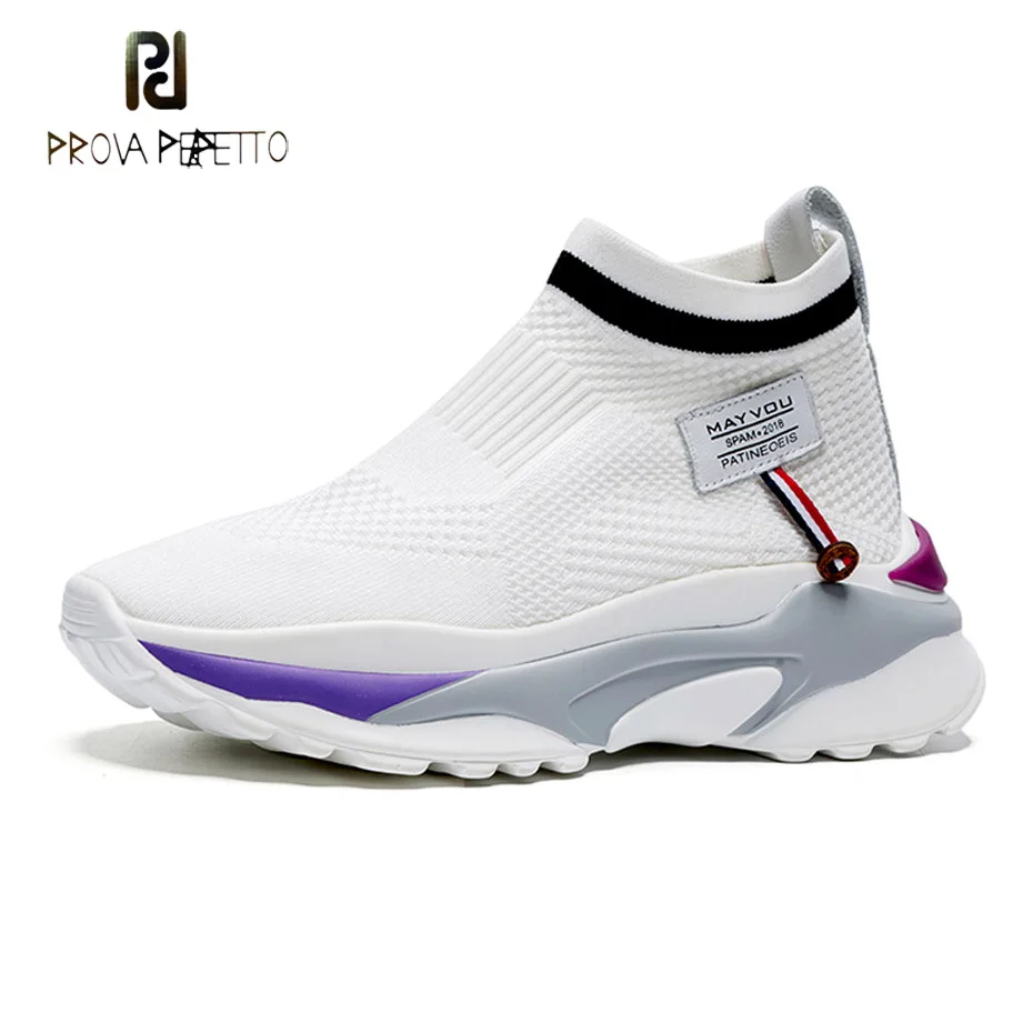 

Prova Perfetto 2018 new women sock boots round toe slip on elastic ankle boots mixed color high top platform flat casual shoes