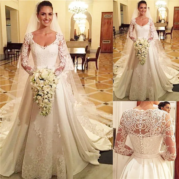 2018 A Line Long Sleeve Wedding Dresses V Neck Lace Appliques Satin Sweep Train Button Back Beach Wedding Dress With Matching Veils