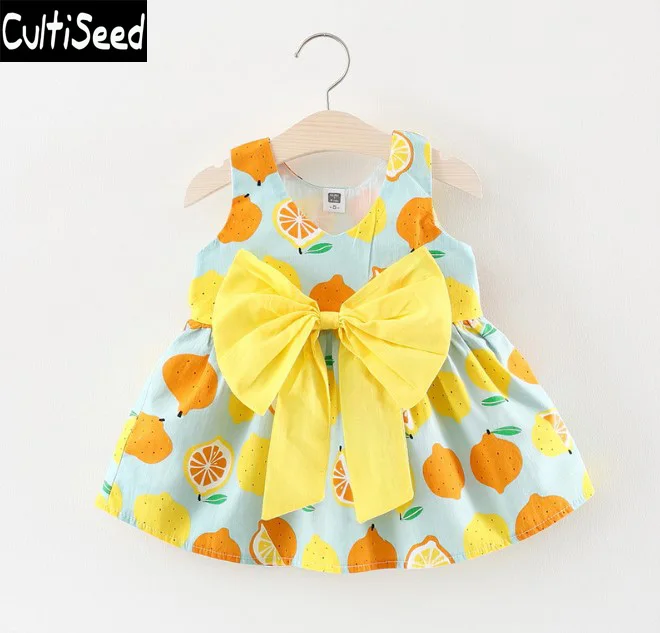 

Baby Kids Summer Sleeveless Vest Dress Baby Girls Fruit Print Cute Cotton Dress with Big Bow Baby Children Birthday Party Dress