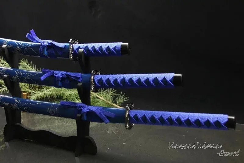 Free Shipping Decorative Sword Hand Forged 1045Carbon Steel Samurai Set Swords 3PCS With Stand Home Ornament-Blue Dragon