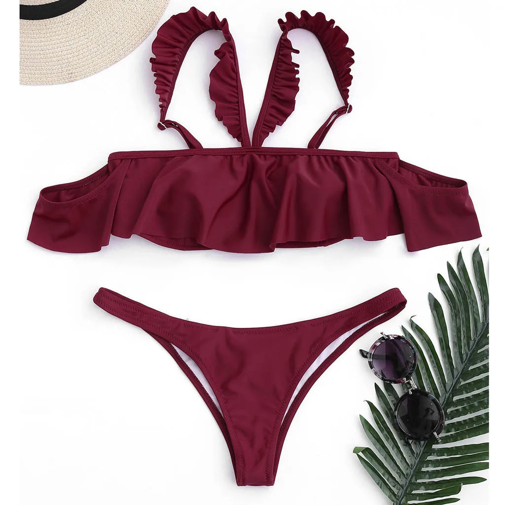 

2 Pieces bikini set women summer 2019 beach push up wine red sexy low waisted Padded swimsuit ruffled dress swimwear