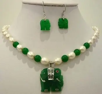 

White pearl green jade elephant pendant necklace earring set