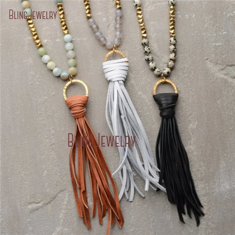 

Boho Jewelry Long Knot Stone Beads Black Brown Gray Leather Necklace Female Necklace NM20672