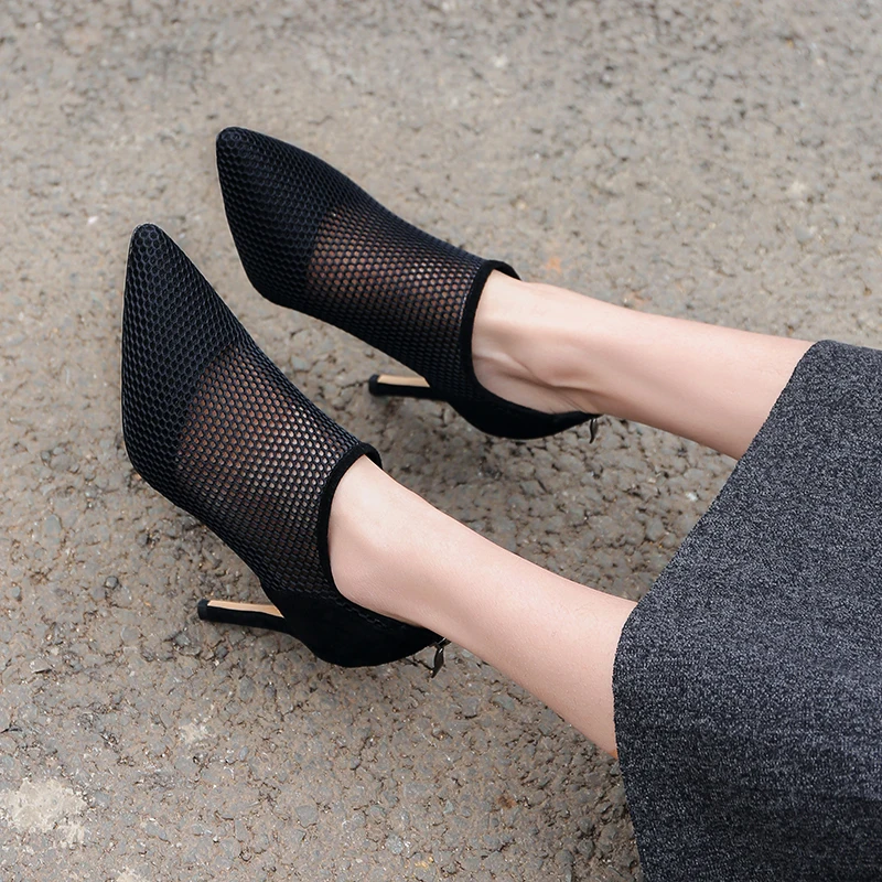 

Pointed Toe Genuine Leather Women High Heels Breathable Mesh Pumps Dress Sexy Shoes Black Beige