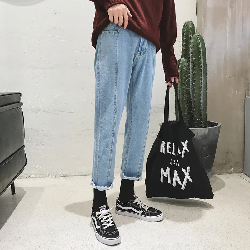 

2017 Autumn Korean New Style Classic Men Baggy Blue Solid Color Jeans Straight Full Length Casual Flash Trousers Pencil Pants