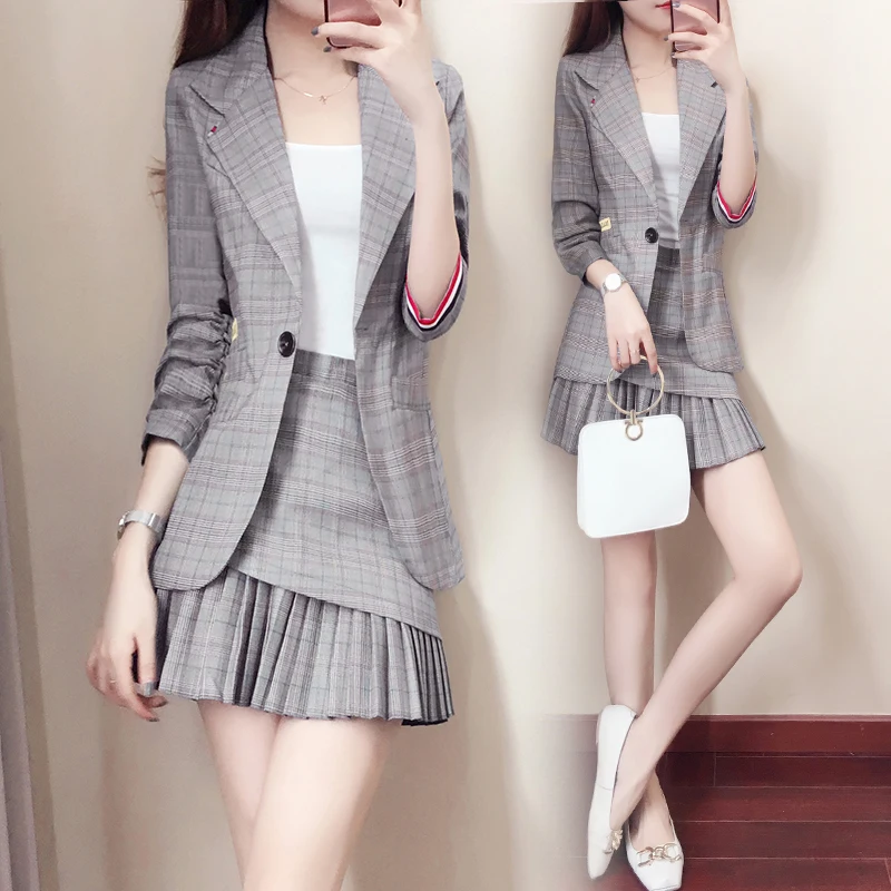 Temperament Engeland Stijl Plaid Pak Blazer Rok Twee Stukken Set Hoge Taille kwaliteit Geplooide Korte Rok Enkele Knop Blazer Temperament Engeland Stijl Plaid Pak Blazer Rok Twee Stukken Set Hoge Taille kwaliteit Geplooide Korte Rok Enkele Knop Blazer