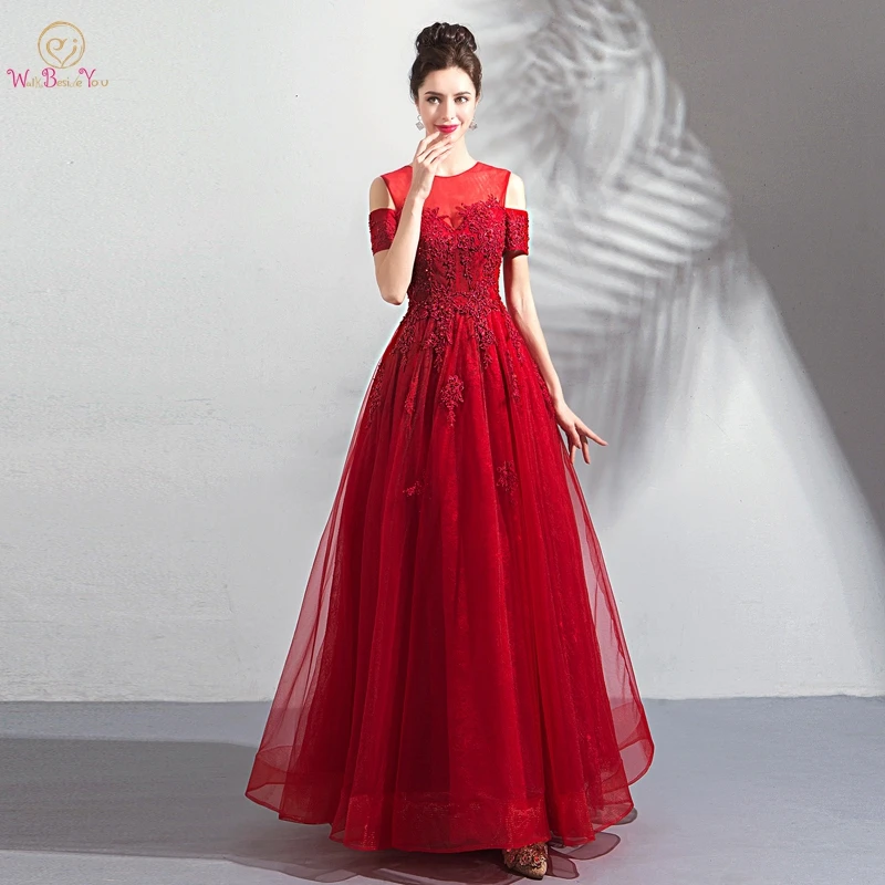 

Wine Red Evening Dresses 2019 Long Formal Party Lace Appliques Beaded Off Shoulder Short Sleeve A Line Prom Gown Walk Beside You