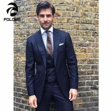 FOLOBE Ternos Masculino Custom Made Navy Handsome Dress Suits Men 3 Piece Suits Jacket Tuxedos Groom