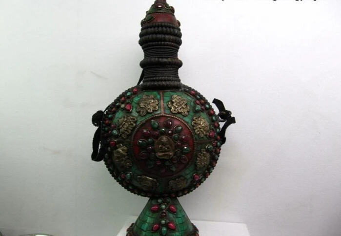 

150624 S2027 12 Chinese Bronze Copper inlay turquoise ruby beryl Aquarius Pot vase