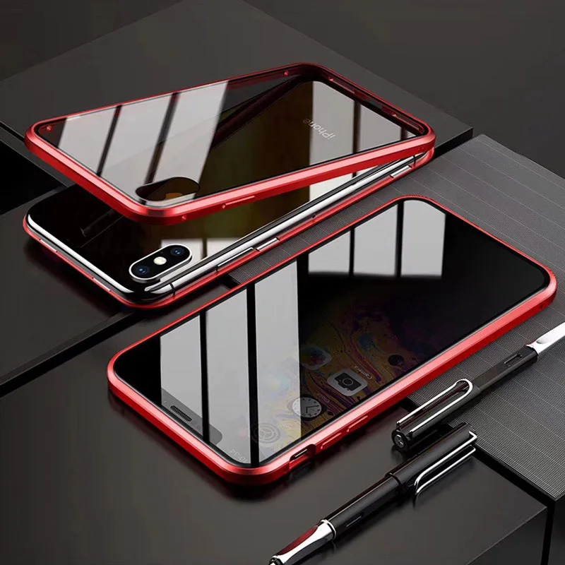 Анти-шпионское надежное закаленное стекло чехол для iPhone X XR XS MAX 360 полный корпус Магнитный металлический чехол для iPhone 7 Plus 8 Plus - Цвет: Red