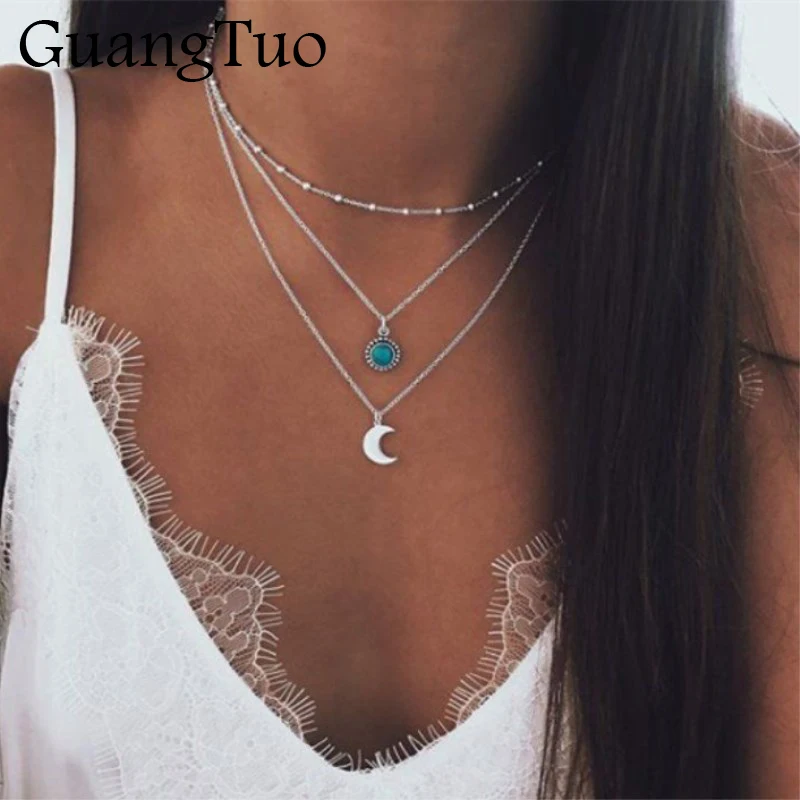 

NK149 European Fashion Vintage Popular Elements Multi-layer Moon Blue Stone Pendant Necklace Clavicle Chain ras de cou Collares