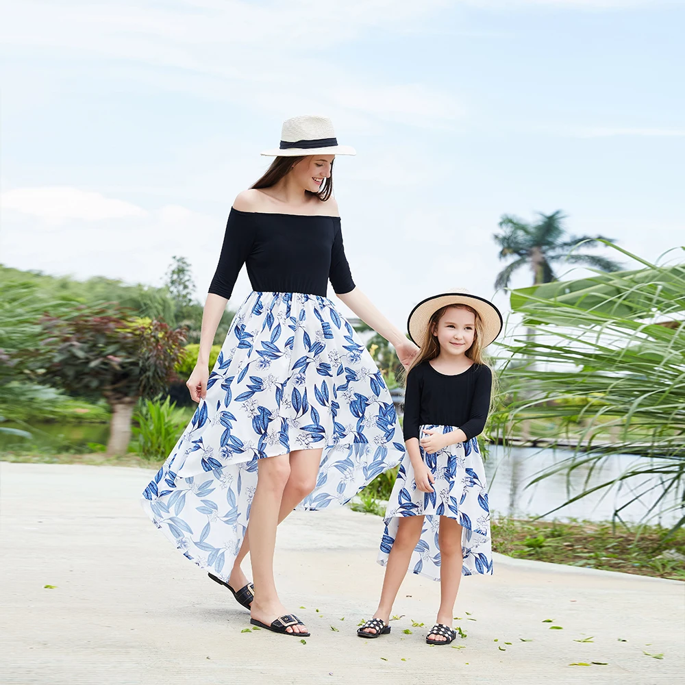 

2019 New Mother Daughter Dresses Floral One Word Collar Princess Dress Matching Outfits Holiday Beach Dress