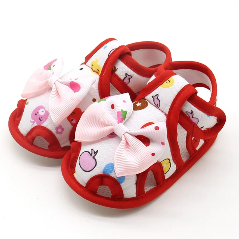 Летние милые печати бантом сандалии Новорожденные девушка милый бантик в стиле принцессы дышащая обувь вперед 0-18 м