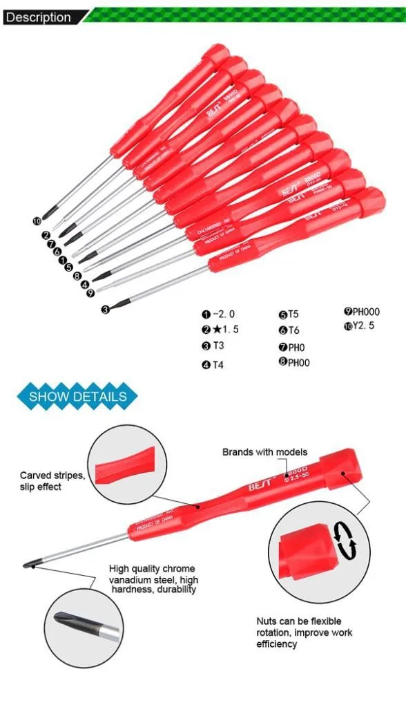 BEST-8800D 10 в 1 многоцелевые прецизионные отвертки набор инструментов для обслуживания мобильного телефона T3 T4 T5 T6