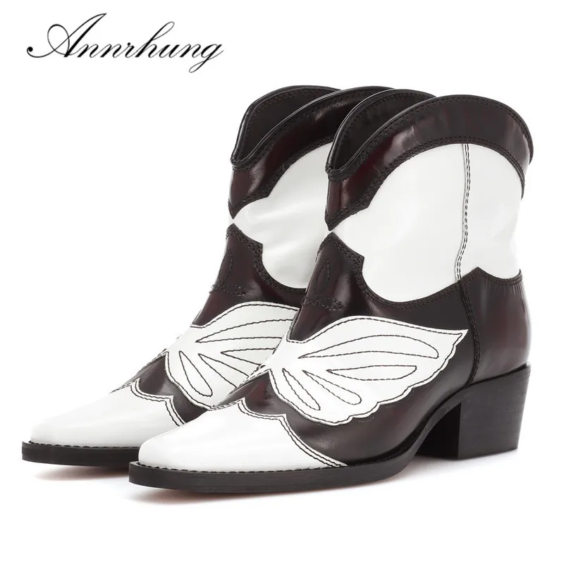 

Brogue Style Genuine Leather Mid-Calf Boots Women Square Heel Square Toe Mixed Color Sewing Knight Boots Chic Runway Botas Women