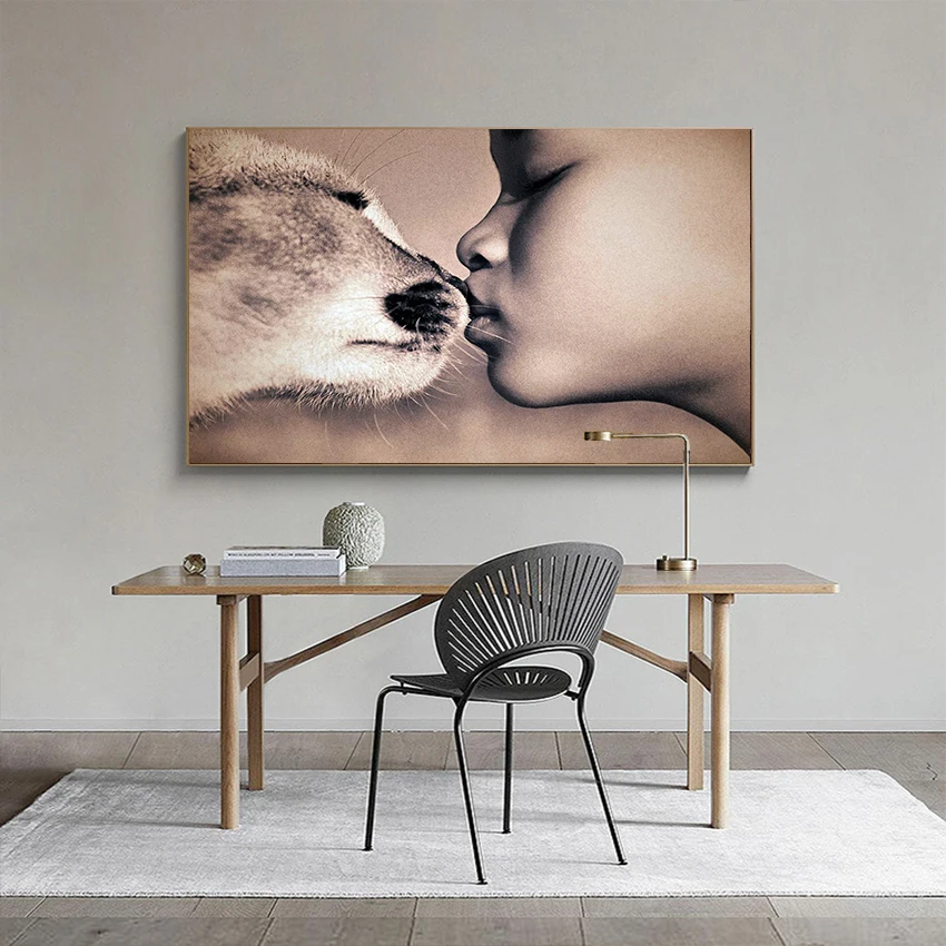 

MUTU Canvas Painting Nordic Posters And Prints Zen Leopard And The Boy Kiss Art Wall Picture For Living Room Modern No Frame