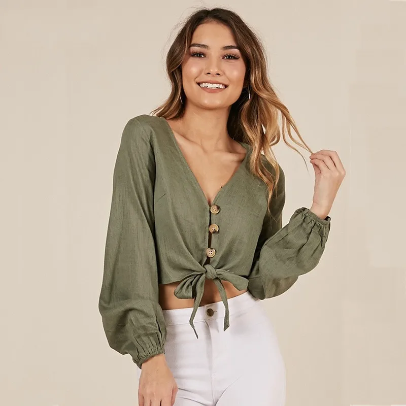 

Spring Summer New Bow Tie with Single Breasted Short Shirt Top Female Casual Solid V-Neck Lantern Sleeve Women Blouses